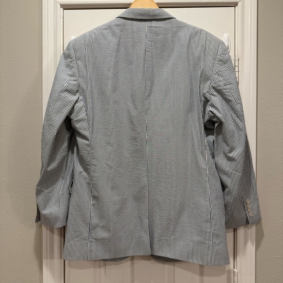 Jos A Bank Men 46 R Stays Cool Seersucker Blue Stripe Blazer Suit Jacket Preppy - Picture 2 of 12
